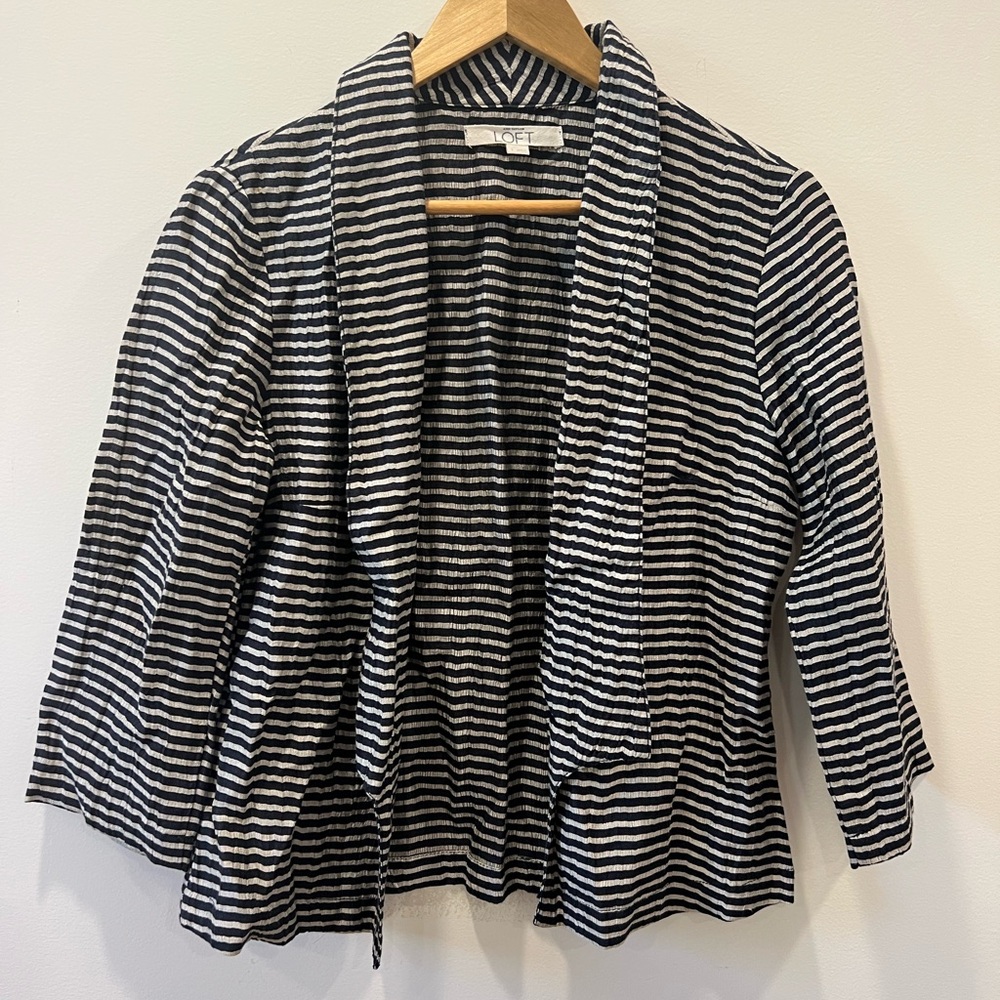 Ann Taylor LOFT size 4 blue linen blend Striped open front Blazer jacket coat